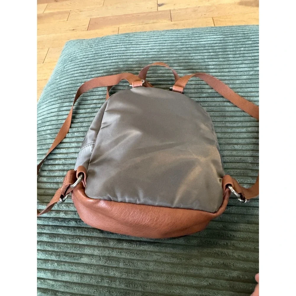 The Sak Mini Backpack Purse‎ Olive Brown Faux Leather Trim Travel Bag